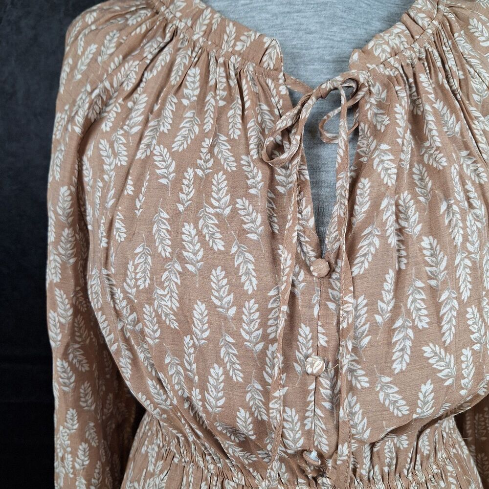 Cottagecore Boho Tiered Ruffle Mini Dress Long Sleeve Earthy Neutral Peasant M